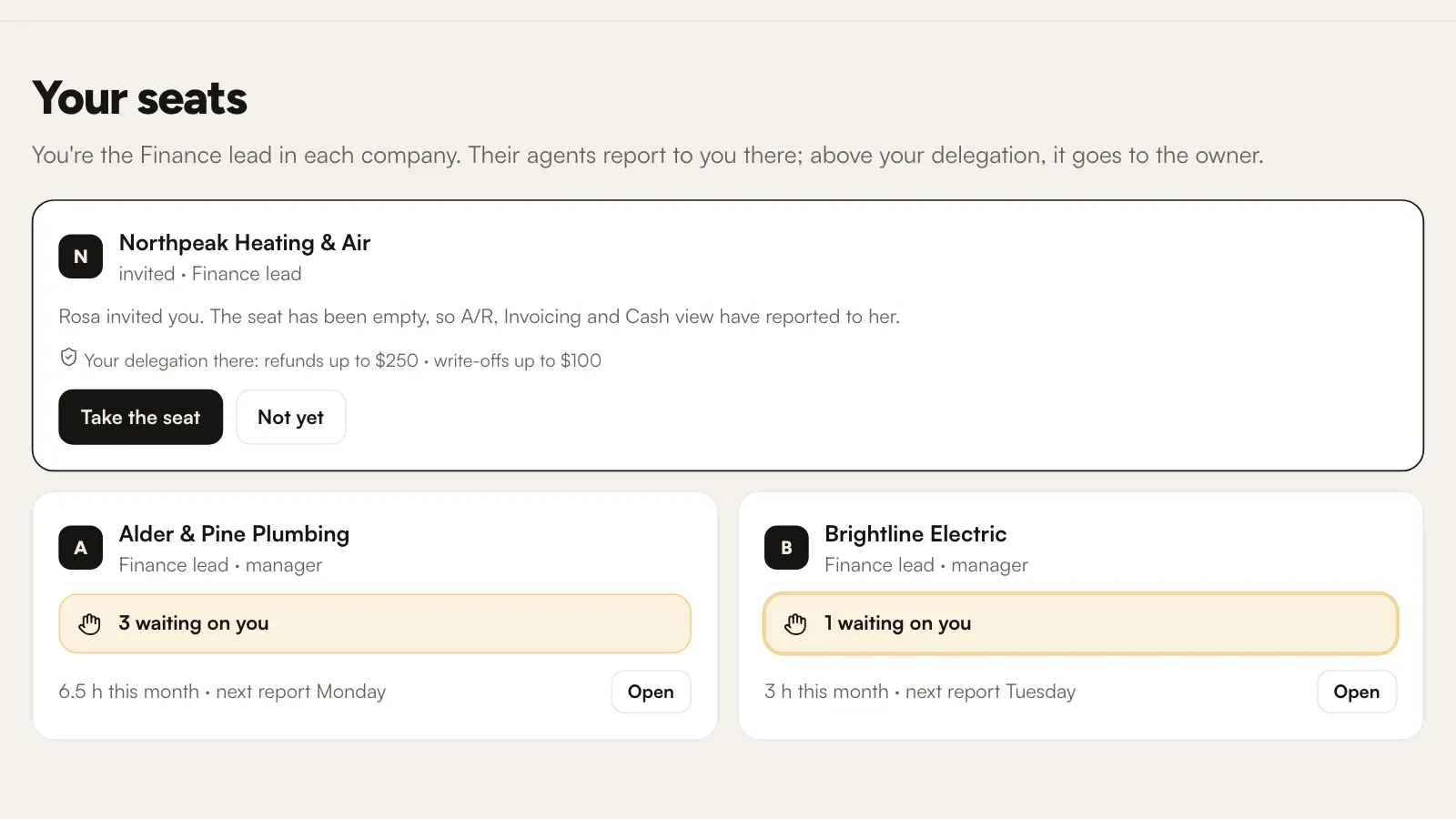 A portal listing several client companies, each with its own workspace.