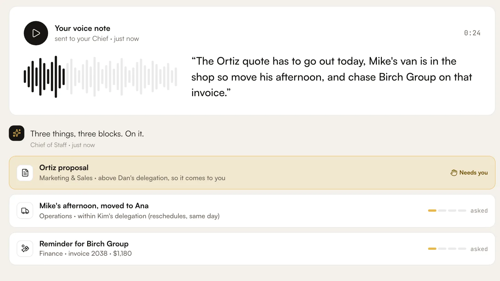 A voice note goes in, the team picks up the work, and it comes back done.