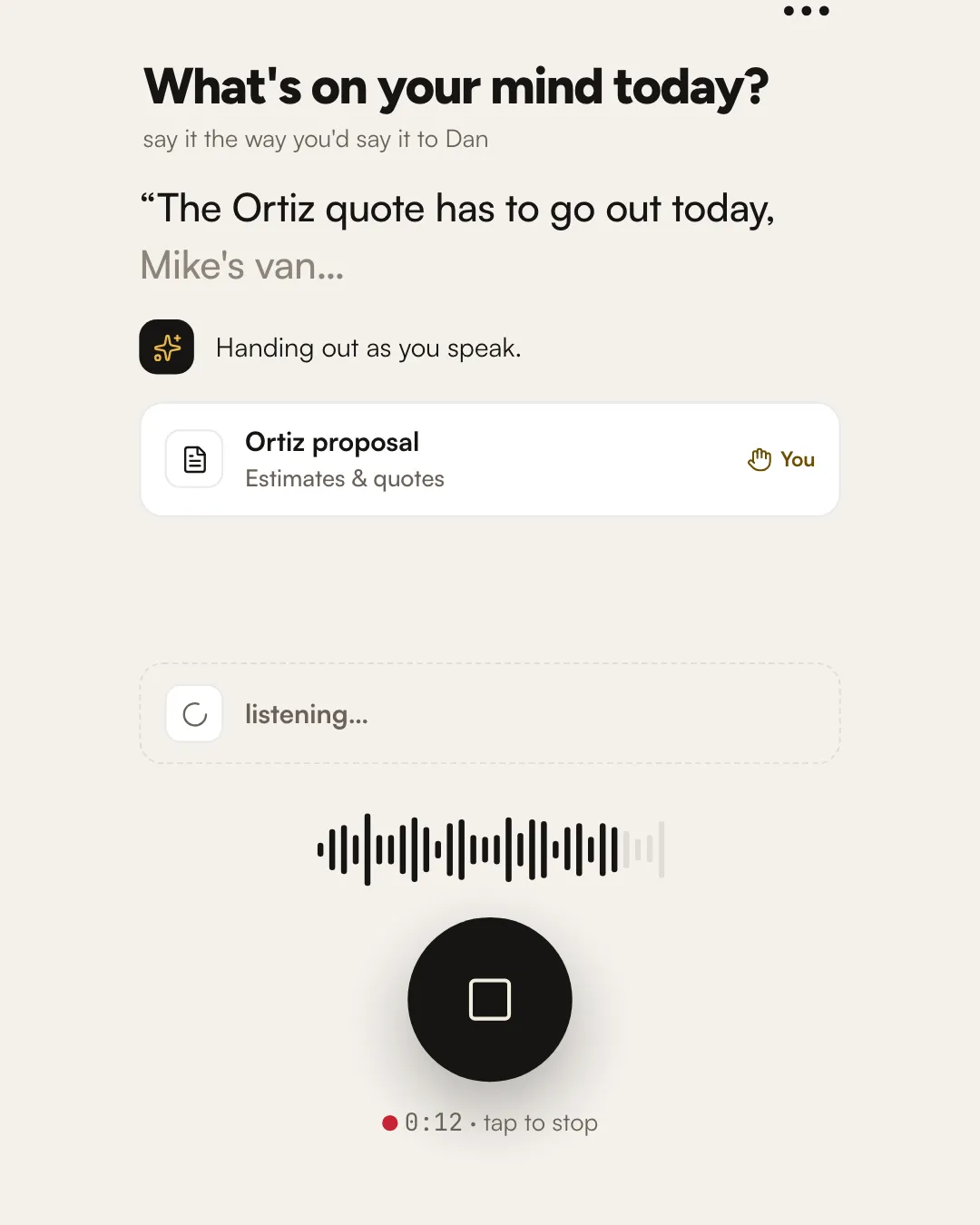Sending a voice note to the team from a phone.