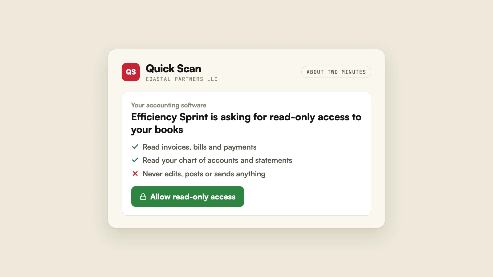 QuickBooks connects read-only, and the Quick Scan shows where cash gets stuck, with health scores from 1 to 5 and the flagged statement rows behind them.